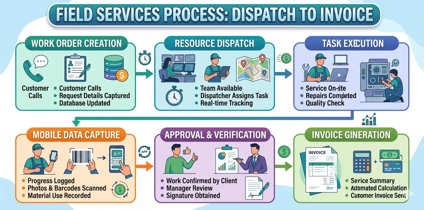 Field services process — work order, dispatch, task execution, mobile capture, approval, invoice
