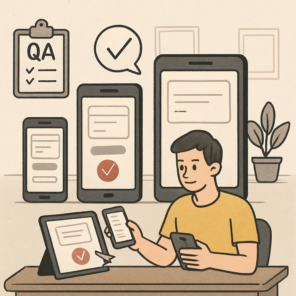 A quality assurance tester checking a mobile application on multiple devices