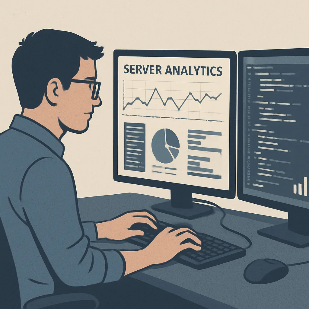 A software engineer monitoring server analytics on a dual monitor setup