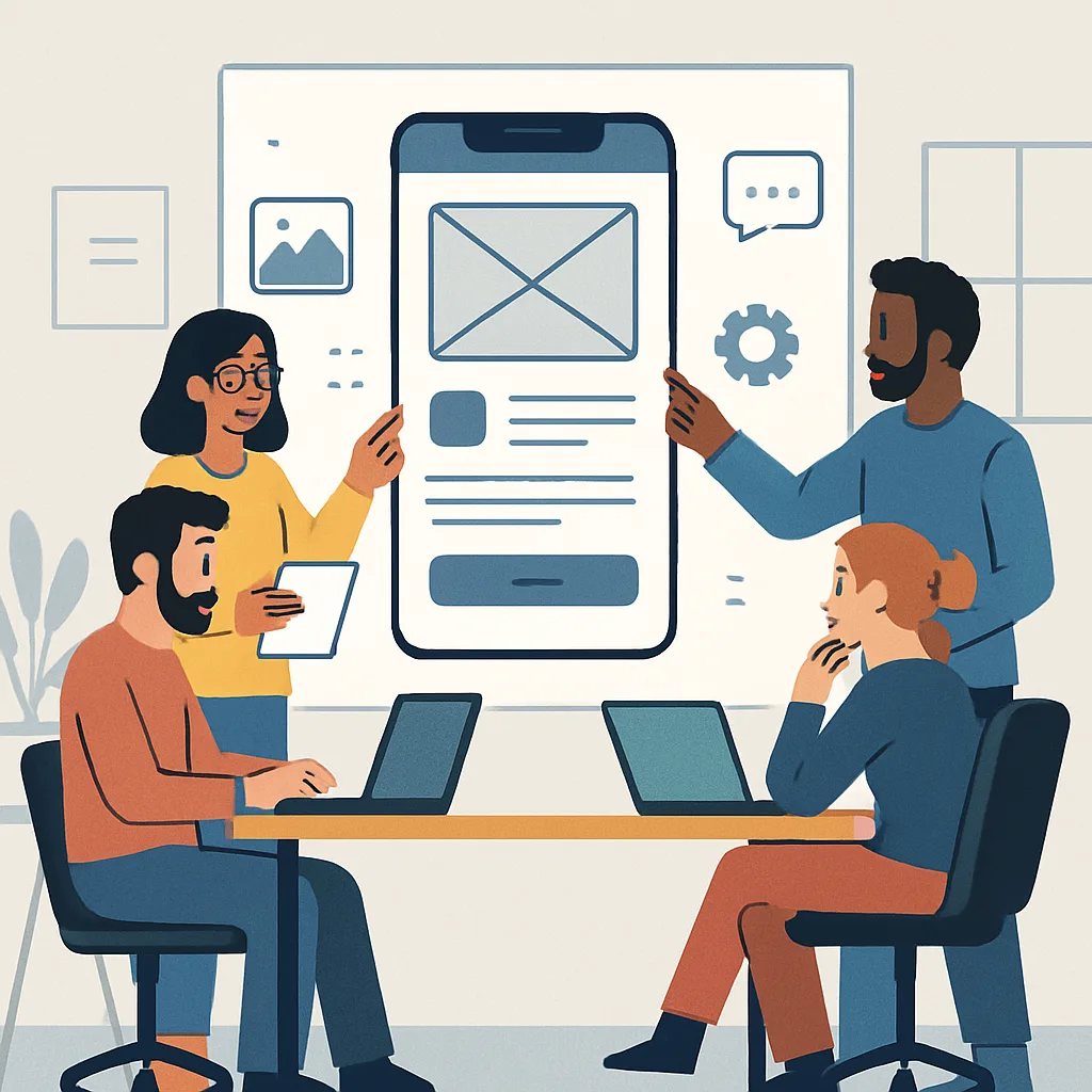 A modern software development team collaborating on a mobile app design