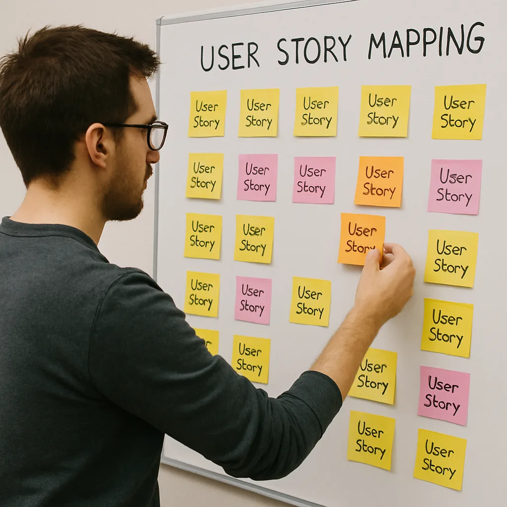 A developer using sticky notes on a whiteboard for user story mapping