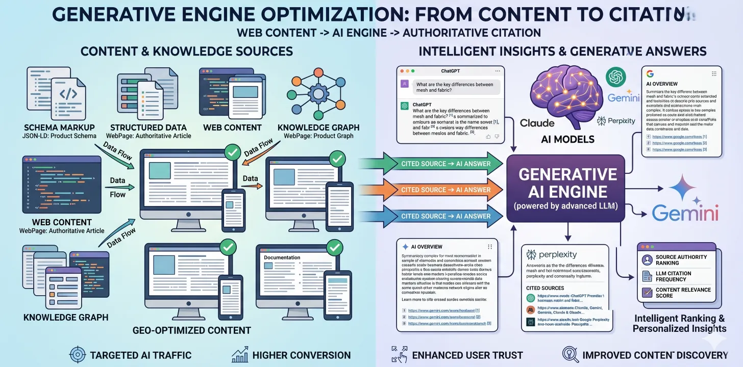 Generative Engine Optimization — web content flowing through schema and knowledge graph into AI engines (ChatGPT, Claude, Gemini, Perplexity) as cited sources