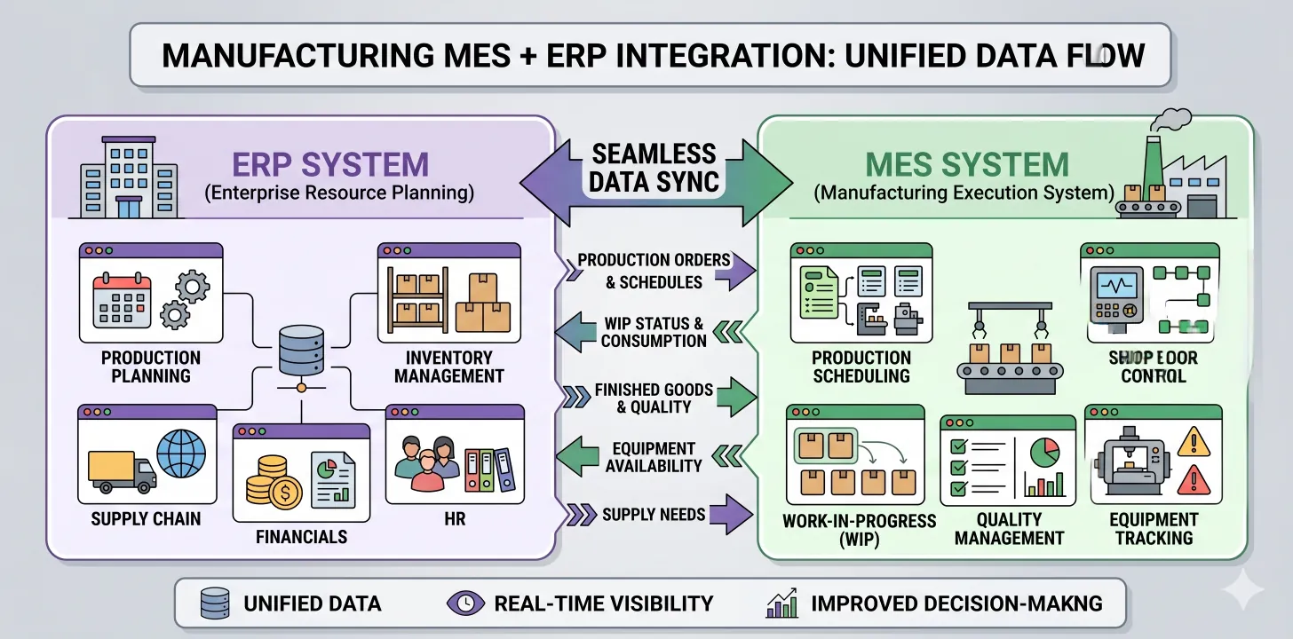 Manufacturing MES + ERP integration — unified data flow between production and back office