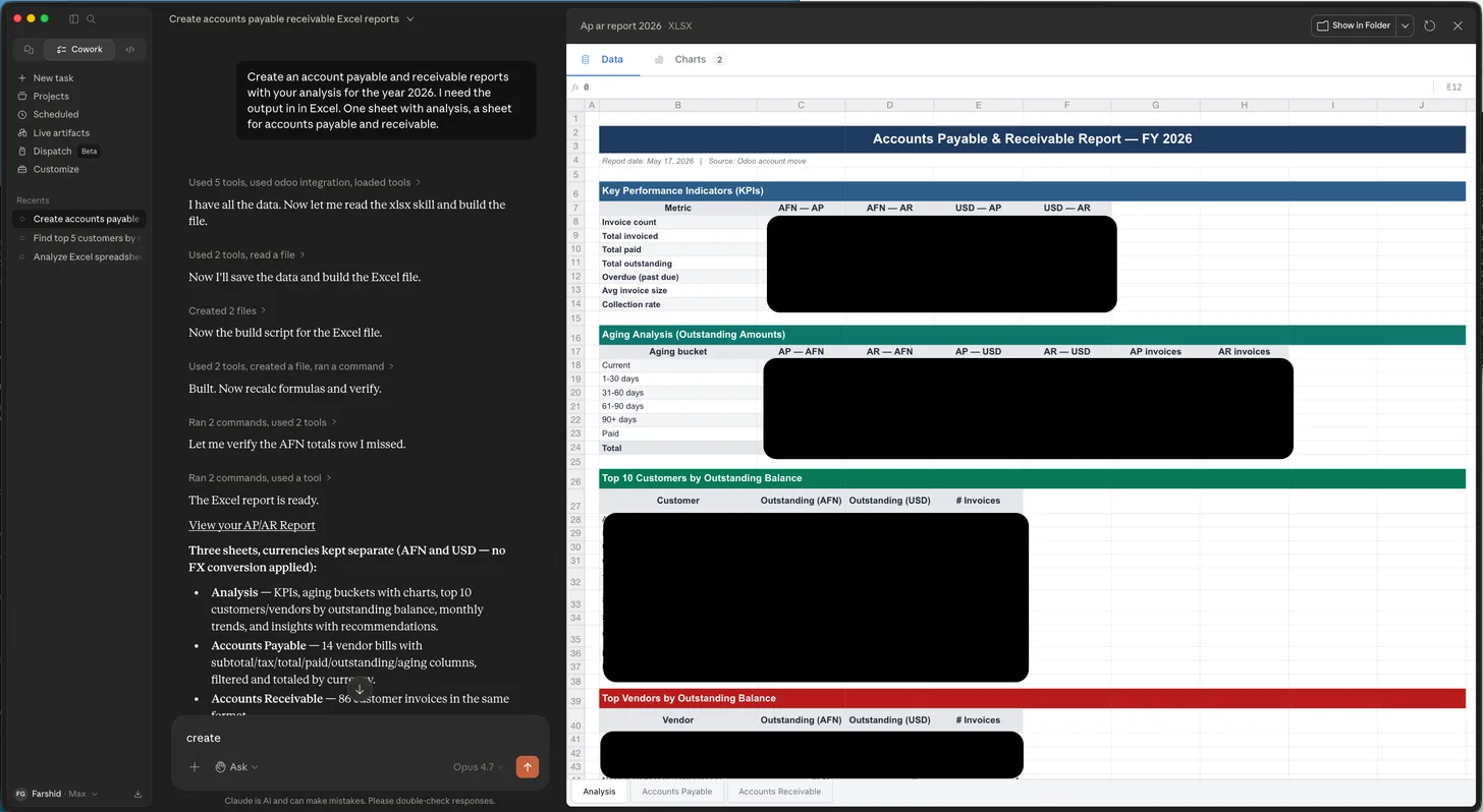 Claude Code generating a multi-sheet AP/AR report against a live Odoo via @netlinksinc/odoo-mcp
