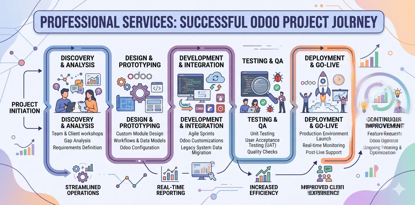 Professional services Odoo project journey — discovery, design, development, testing, deployment, continuous improvement