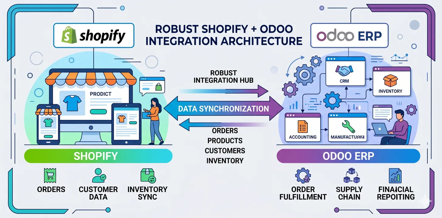 Shopify + Odoo robust integration architecture — orders, products, customers, inventory