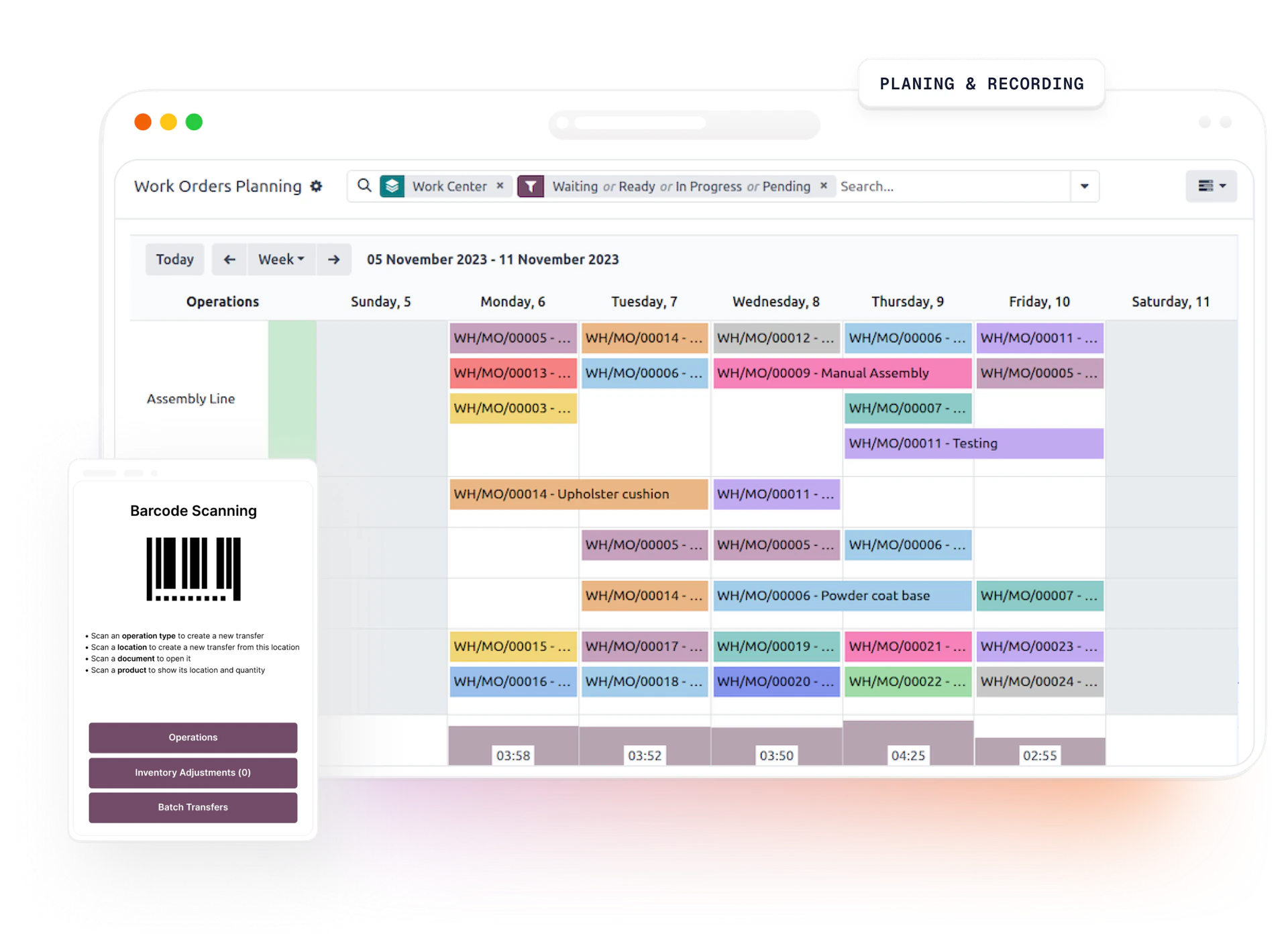 Odoo work-orders planning calendar with barcode scanning panel — manufacturing planning and recording