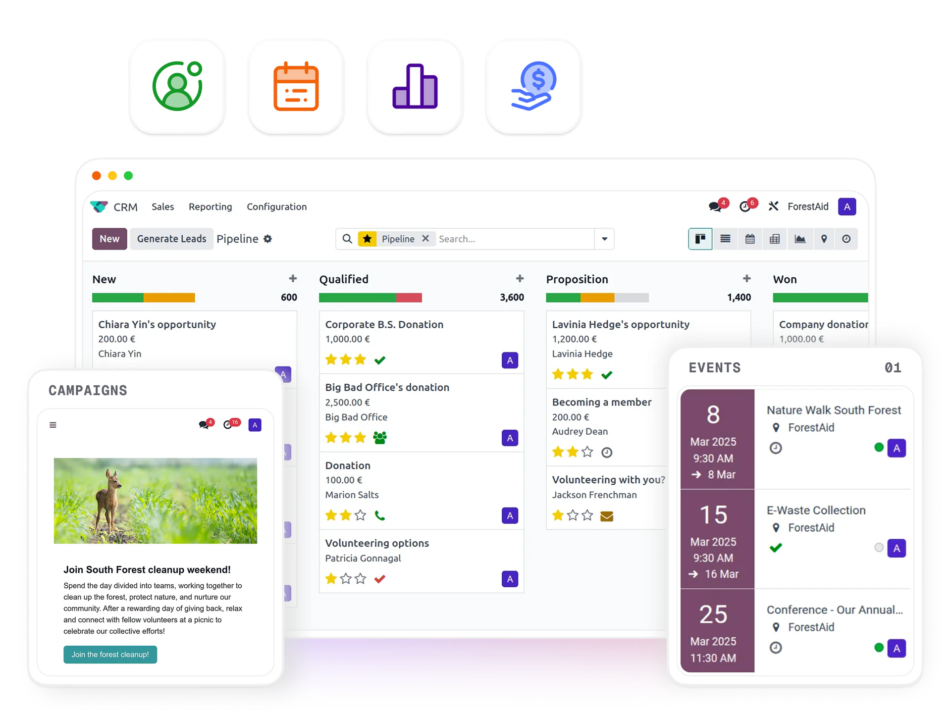 Nonprofit ERP — donor CRM pipeline, campaigns, and program events on Odoo