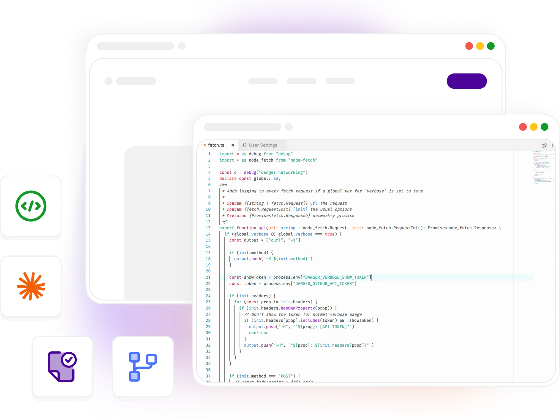 Editor windows and CI/CD icons — senior squads shipping TypeScript on modern defaults