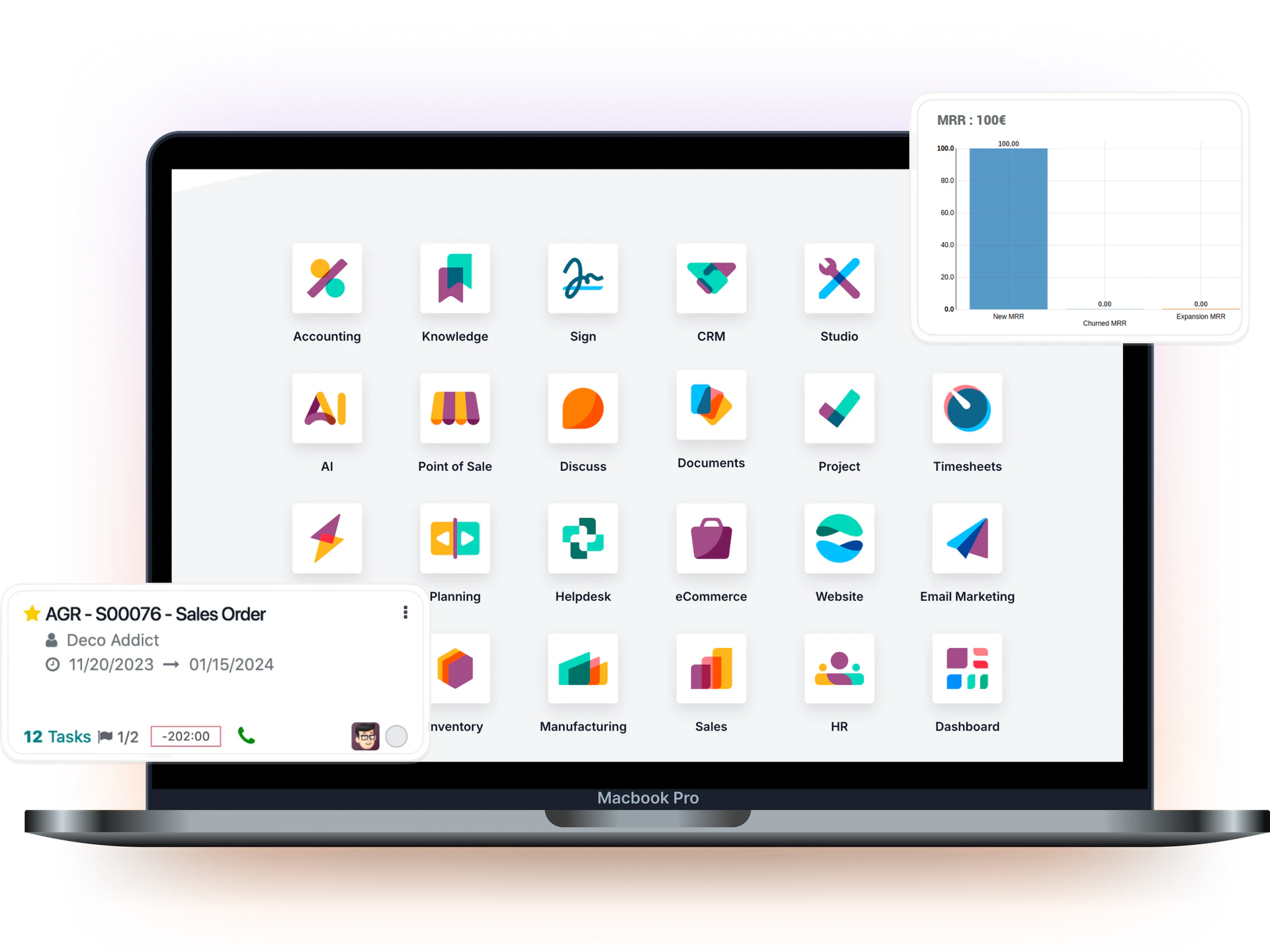 Odoo ERP — accounting, CRM, sales, HR, inventory, manufacturing in one platform